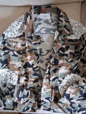 Destiny Camo Boho Upcycled W Lace Patches Jean Jacket - Green/Brown S
